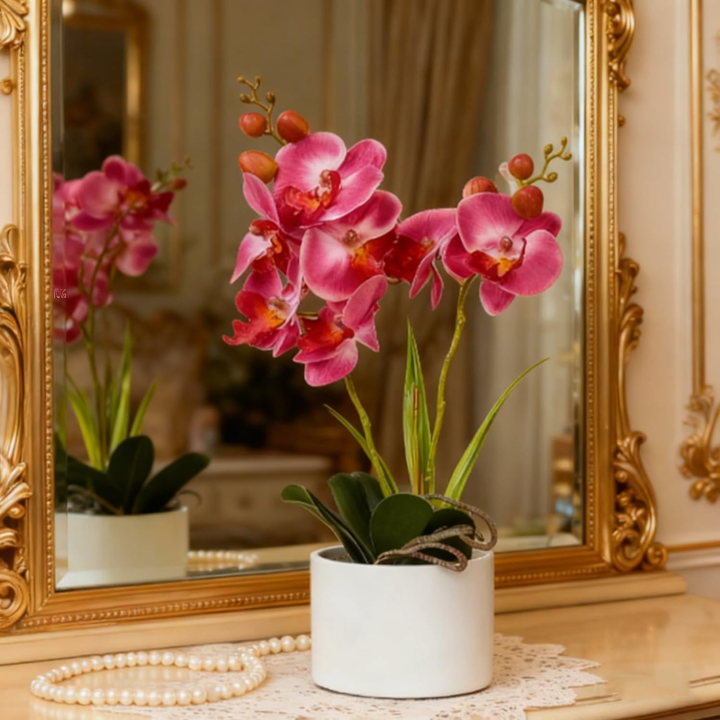 Jusdreen Artificial Purple Orchid in Glass Vase, Realistic Phalaenopsis Arrangement with Potting for Home Office Table Decor, 14.5 Inch Flower Centerpiece
