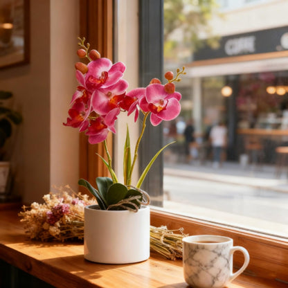 Jusdreen Artificial Purple Orchid in Glass Vase, Realistic Phalaenopsis Arrangement with Potting for Home Office Table Decor, 14.5 Inch Flower Centerpiece