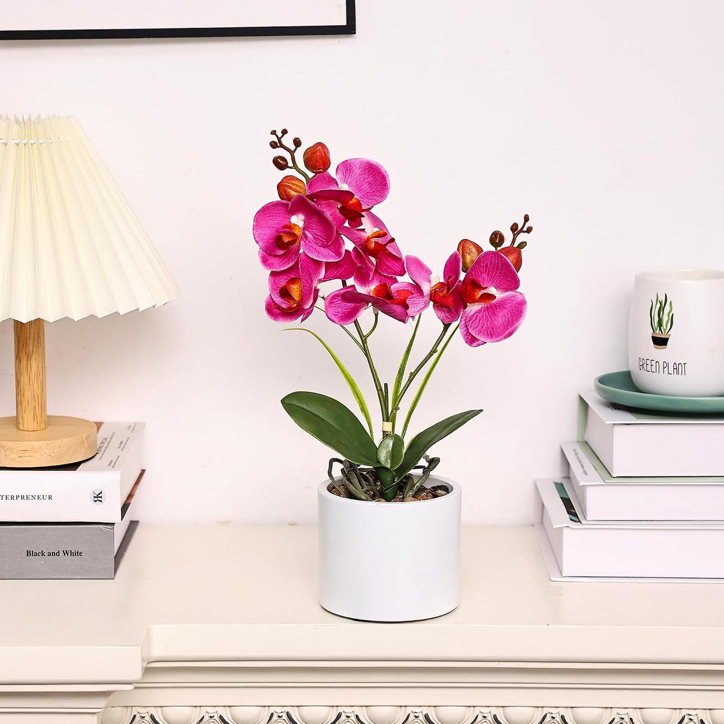 Jusdreen Artificial Purple Orchid in Glass Vase, Realistic Phalaenopsis Arrangement with Potting for Home Office Table Decor, 14.5 Inch Flower Centerpiece