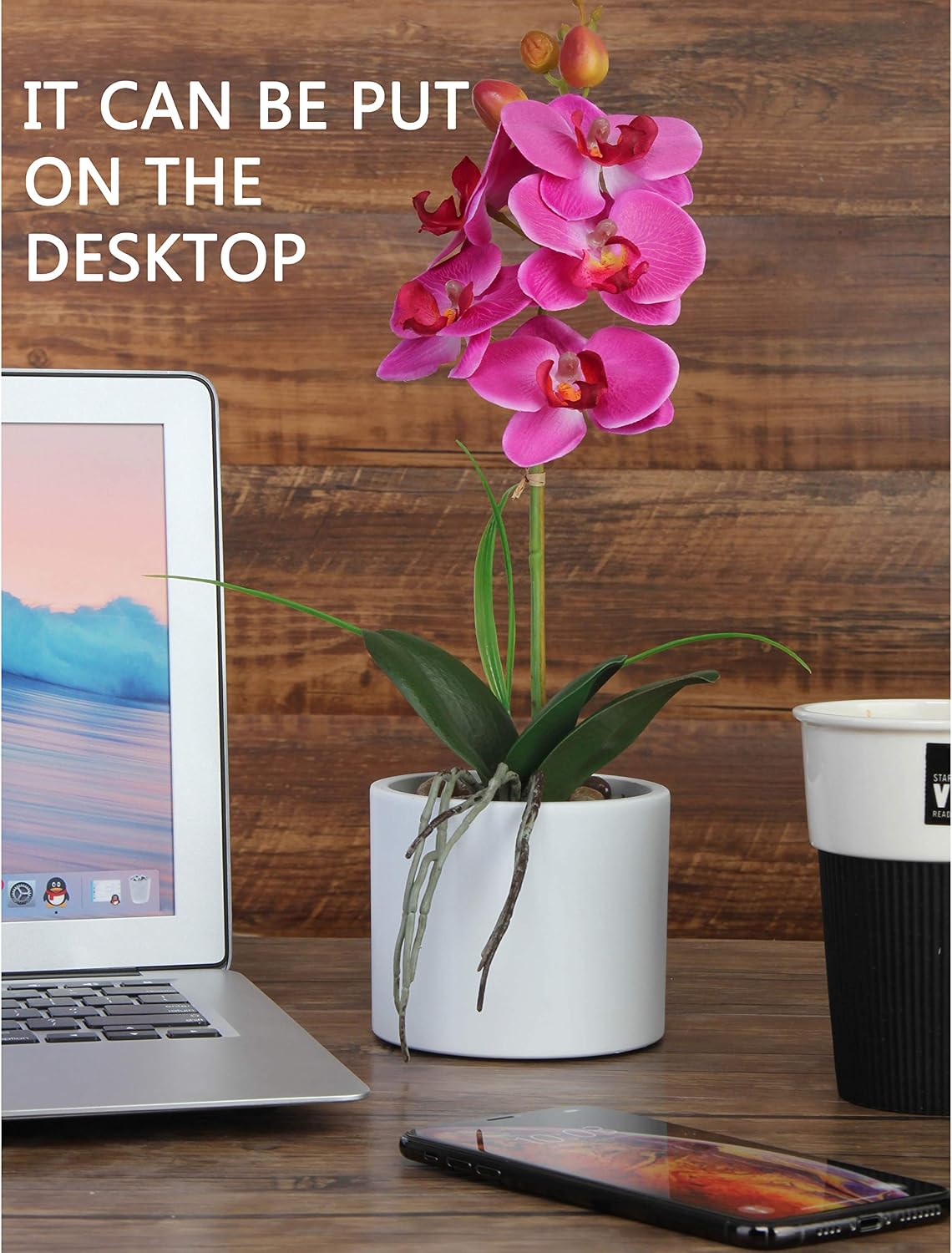 Jusdreen Artificial Purple Orchid in Glass Vase, Realistic Phalaenopsis Arrangement with Potting for Home Office Table Decor, 14.5 Inch Flower Centerpiece