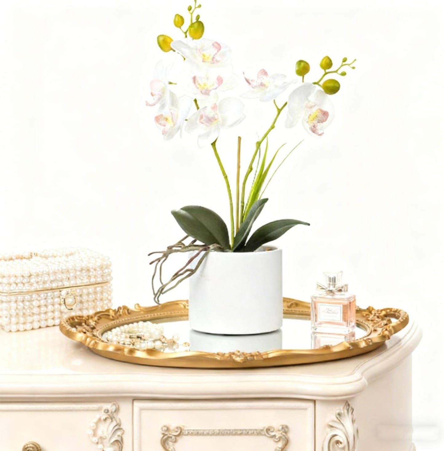 Jusdreen Artificial Purple Orchid in Glass Vase, Realistic Phalaenopsis Arrangement with Potting for Home Office Table Decor, 14.5 Inch Flower Centerpiece