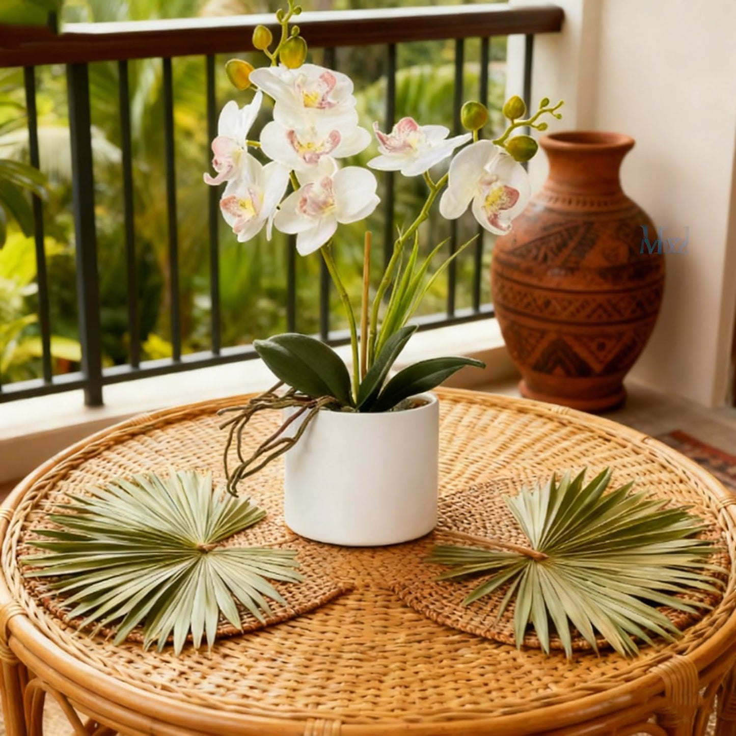Jusdreen Artificial Purple Orchid in Glass Vase, Realistic Phalaenopsis Arrangement with Potting for Home Office Table Decor, 14.5 Inch Flower Centerpiece