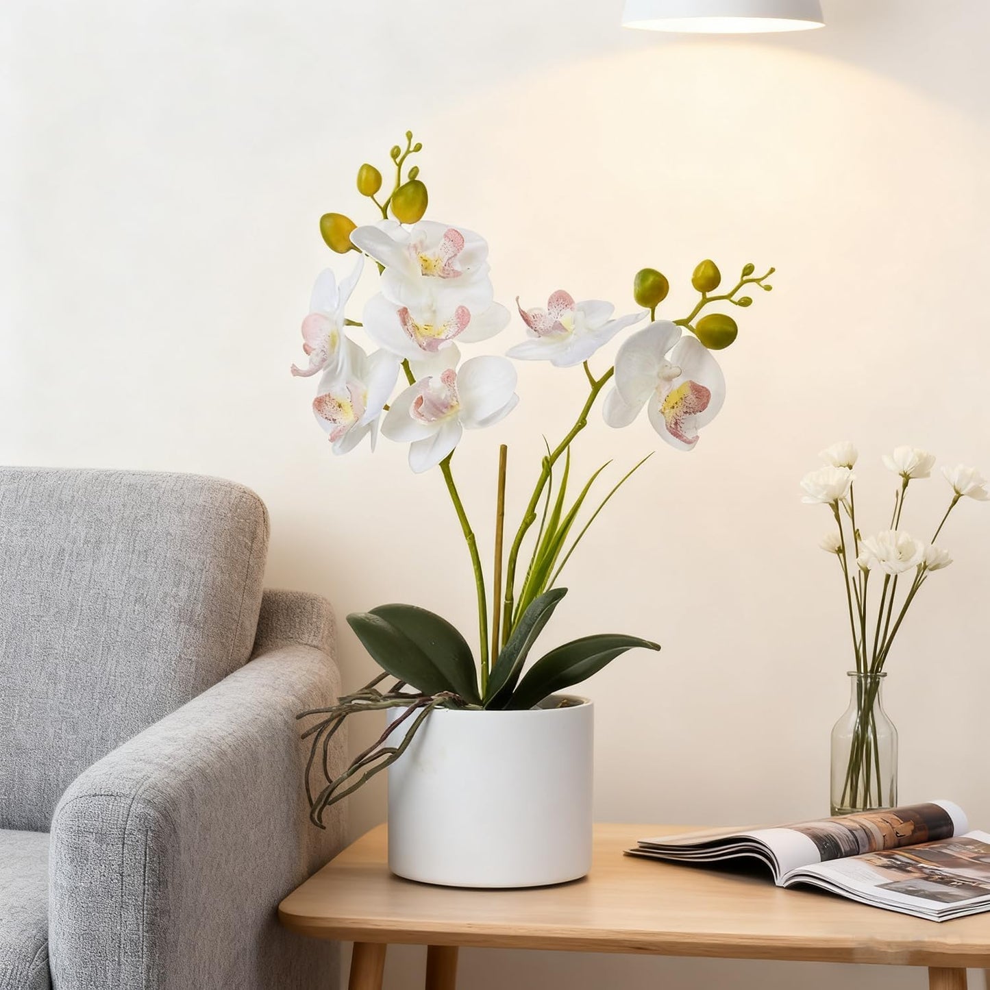 Jusdreen Artificial Purple Orchid in Glass Vase, Realistic Phalaenopsis Arrangement with Potting for Home Office Table Decor, 14.5 Inch Flower Centerpiece