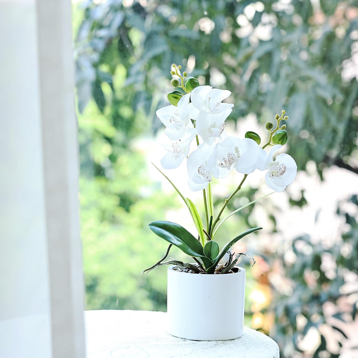 Jusdreen Artificial Purple Orchid in Glass Vase, Realistic Phalaenopsis Arrangement with Potting for Home Office Table Decor, 14.5 Inch Flower Centerpiece