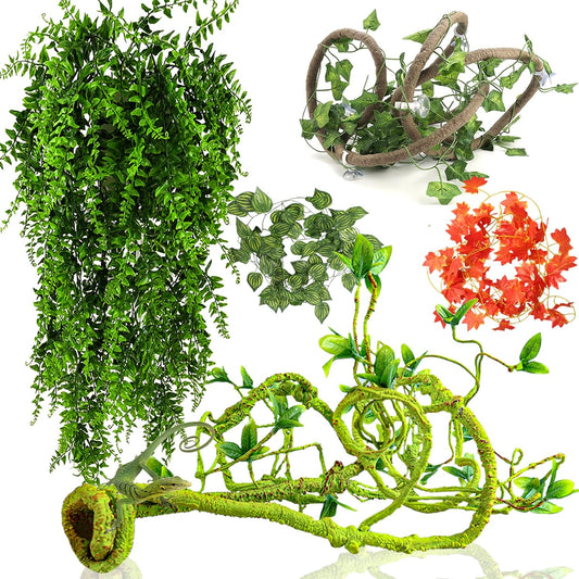 Reptile Vines Plants for Terrarium, Flexible Vines Jungle Climbing Branch with Leaves Tank Decor for Snakes Bearded Dragons Geckos Hermit Crabs Lizards Chameleons
