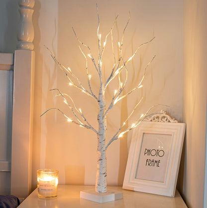 Artificial Tree for Christmas Decorations, 2FT Birch Tree with LED Lights, Warm White Fairy Lights Spirit Tree Lamp for Home Indoor Tabletop Centerpiece, Battery Powered, Timer