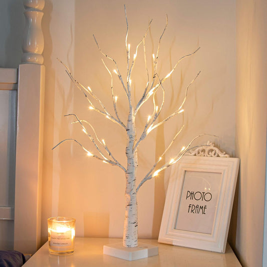 Artificial Tree for Christmas Decorations, 2FT Birch Tree with LED Lights, Warm White Fairy Lights Spirit Tree Lamp for Home Indoor Tabletop Centerpiece, Battery Powered, Timer