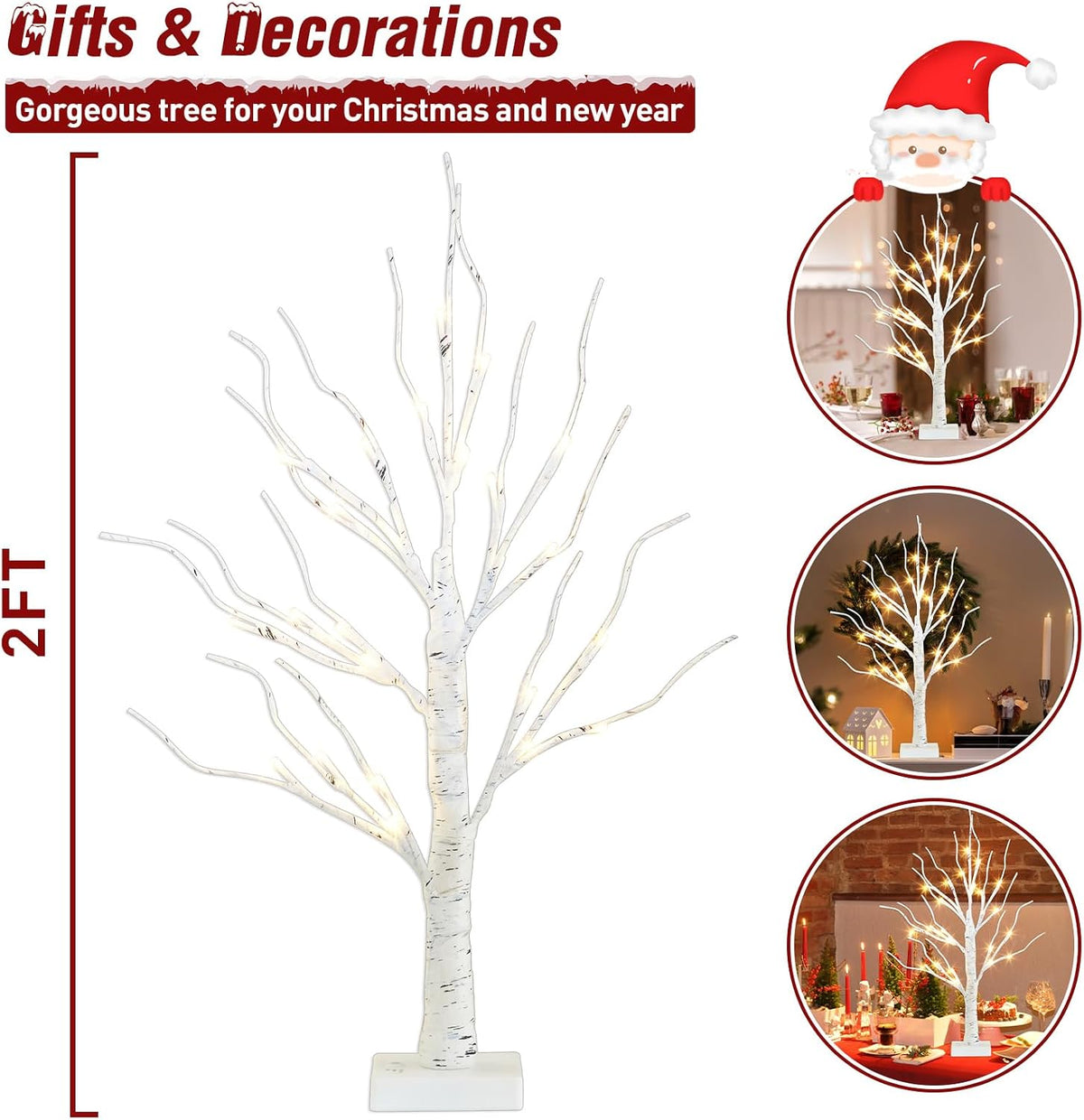 Artificial Tree for Christmas Decorations, 2FT Birch Tree with LED Lights, Warm White Fairy Lights Spirit Tree Lamp for Home Indoor Tabletop Centerpiece, Battery Powered, Timer