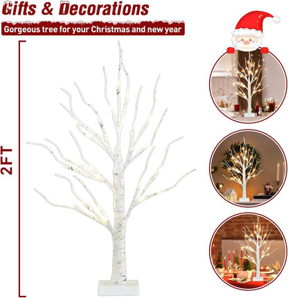 Artificial Tree for Christmas Decorations, 2FT Birch Tree with LED Lights, Warm White Fairy Lights Spirit Tree Lamp for Home Indoor Tabletop Centerpiece, Battery Powered, Timer