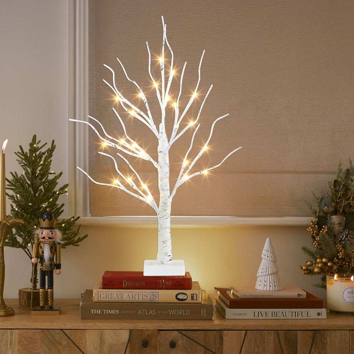 Artificial Tree for Christmas Decorations, 2FT Birch Tree with LED Lights, Warm White Fairy Lights Spirit Tree Lamp for Home Indoor Tabletop Centerpiece, Battery Powered, Timer