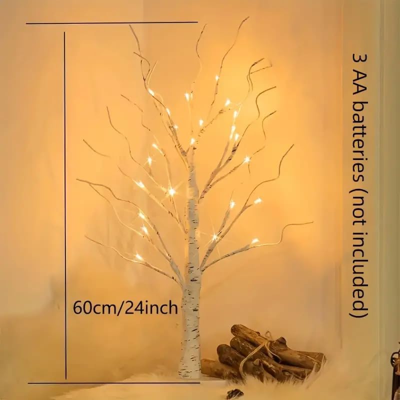 Artificial Tree for Christmas Decorations, 2FT Birch Tree with LED Lights, Warm White Fairy Lights Spirit Tree Lamp for Home Indoor Tabletop Centerpiece, Battery Powered, Timer