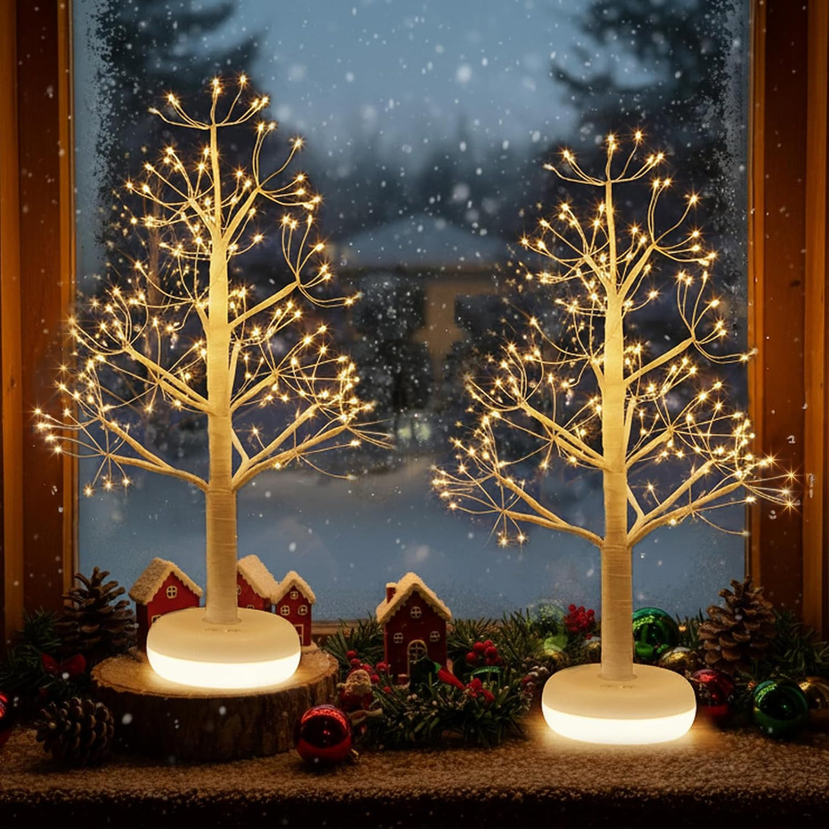 Artificial Tree for Christmas Decorations, 2FT Birch Tree with LED Lights, Warm White Fairy Lights Spirit Tree Lamp for Home Indoor Tabletop Centerpiece, Battery Powered, Timer