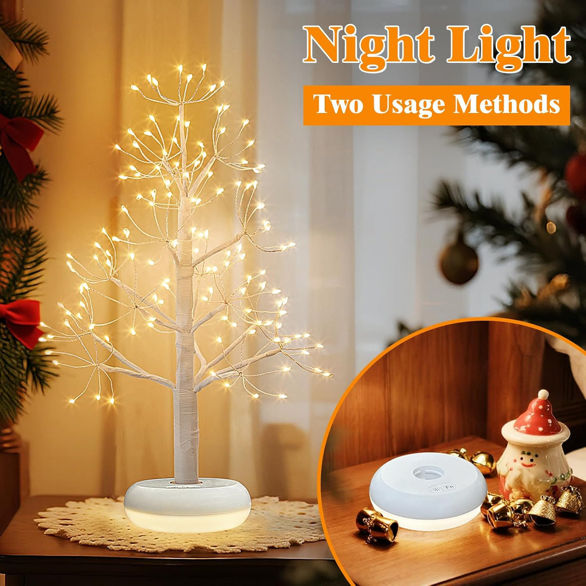 Artificial Tree for Christmas Decorations, 2FT Birch Tree with LED Lights, Warm White Fairy Lights Spirit Tree Lamp for Home Indoor Tabletop Centerpiece, Battery Powered, Timer