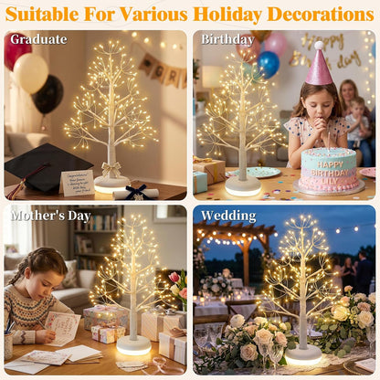 Artificial Tree for Christmas Decorations, 2FT Birch Tree with LED Lights, Warm White Fairy Lights Spirit Tree Lamp for Home Indoor Tabletop Centerpiece, Battery Powered, Timer