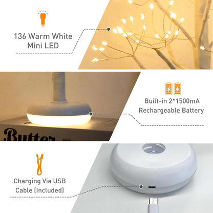 Artificial Tree for Christmas Decorations, 2FT Birch Tree with LED Lights, Warm White Fairy Lights Spirit Tree Lamp for Home Indoor Tabletop Centerpiece, Battery Powered, Timer