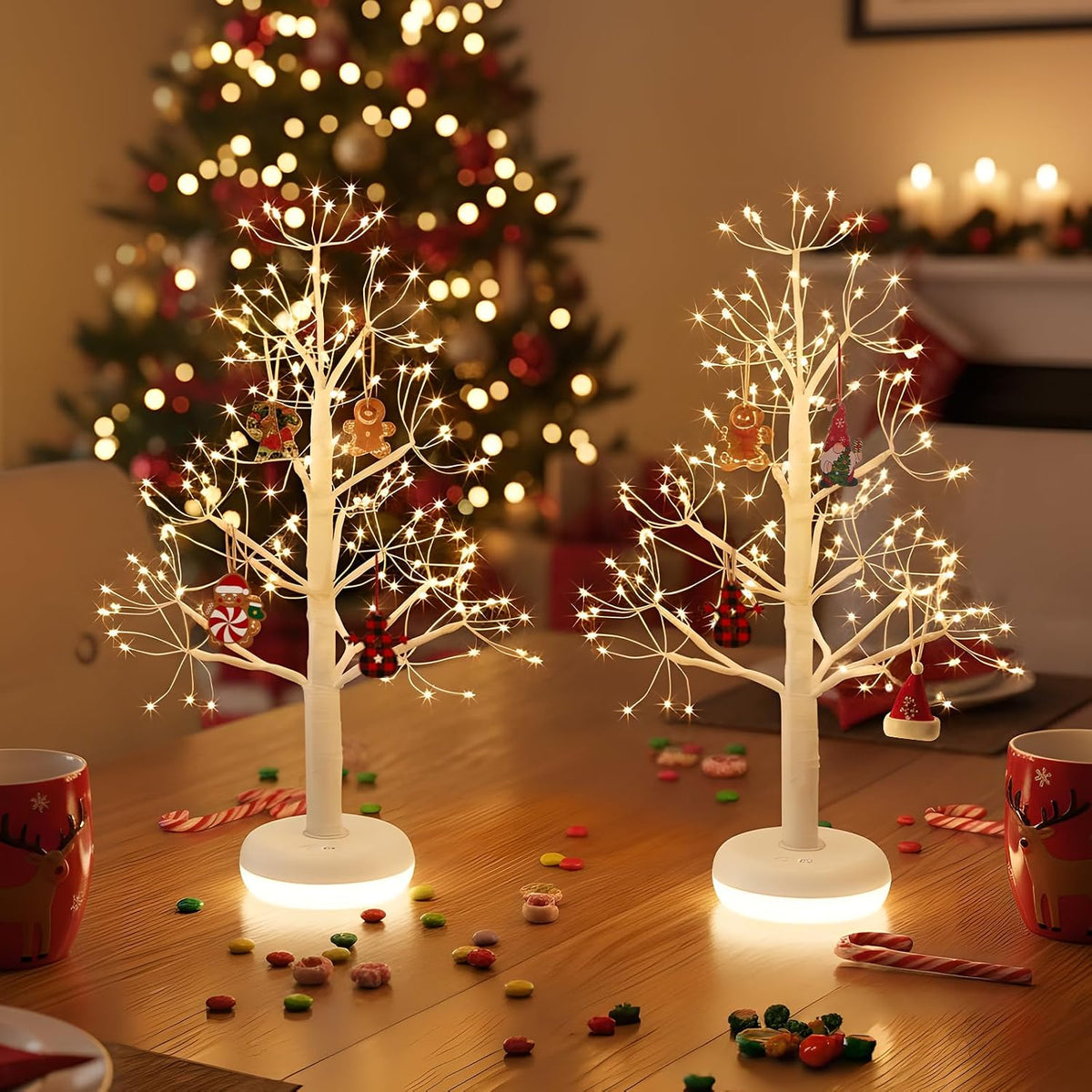 Artificial Tree for Christmas Decorations, 2FT Birch Tree with LED Lights, Warm White Fairy Lights Spirit Tree Lamp for Home Indoor Tabletop Centerpiece, Battery Powered, Timer