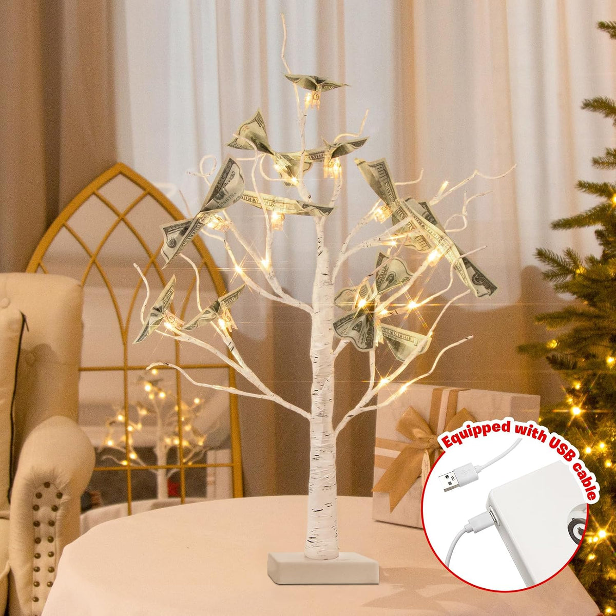 Artificial Tree for Christmas Decorations, 2FT Birch Tree with LED Lights, Warm White Fairy Lights Spirit Tree Lamp for Home Indoor Tabletop Centerpiece, Battery Powered, Timer