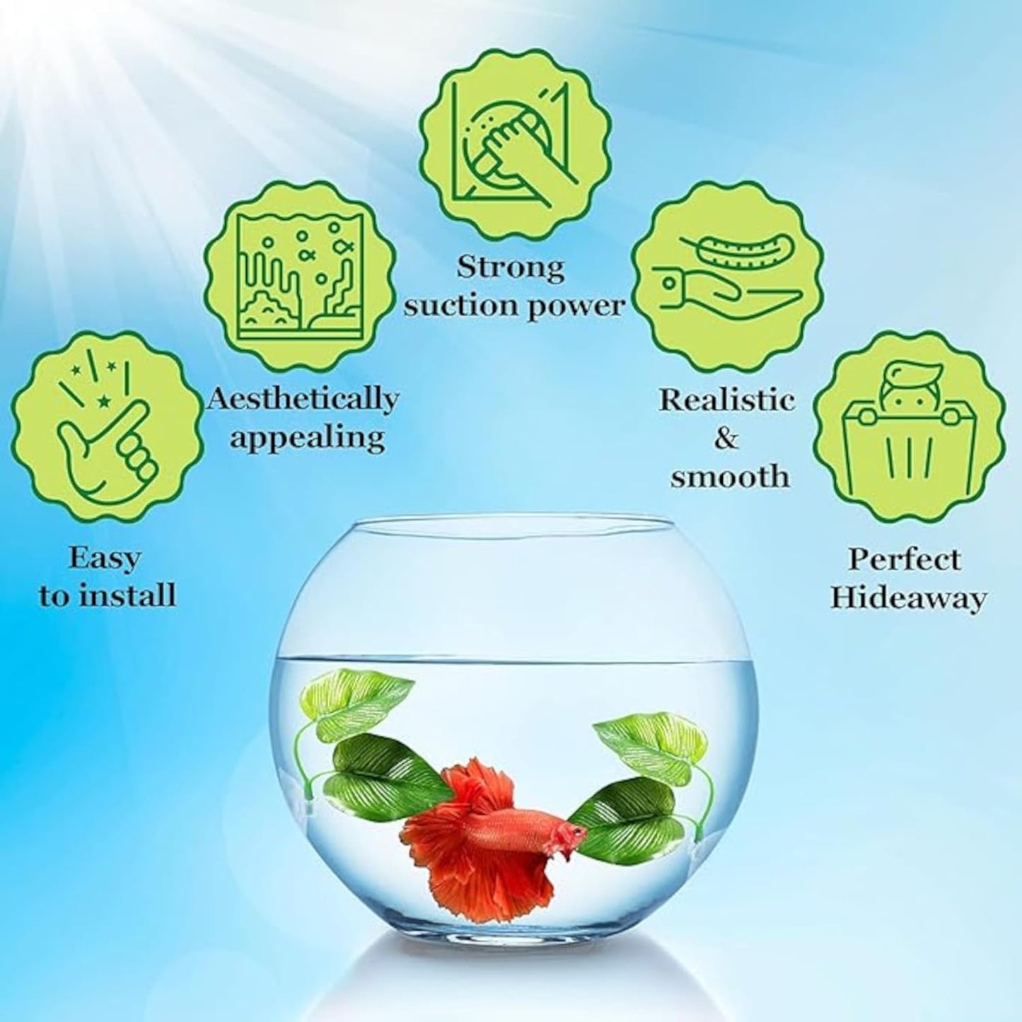 Plastic Leaf Plant, Heavy-Duty Ceramic Base, Hiding Spot for Fish, Betta, Angelfish, Gold Fish, Frog, Python, Reptiles, Amphibians (10 Inches, 1 Count)