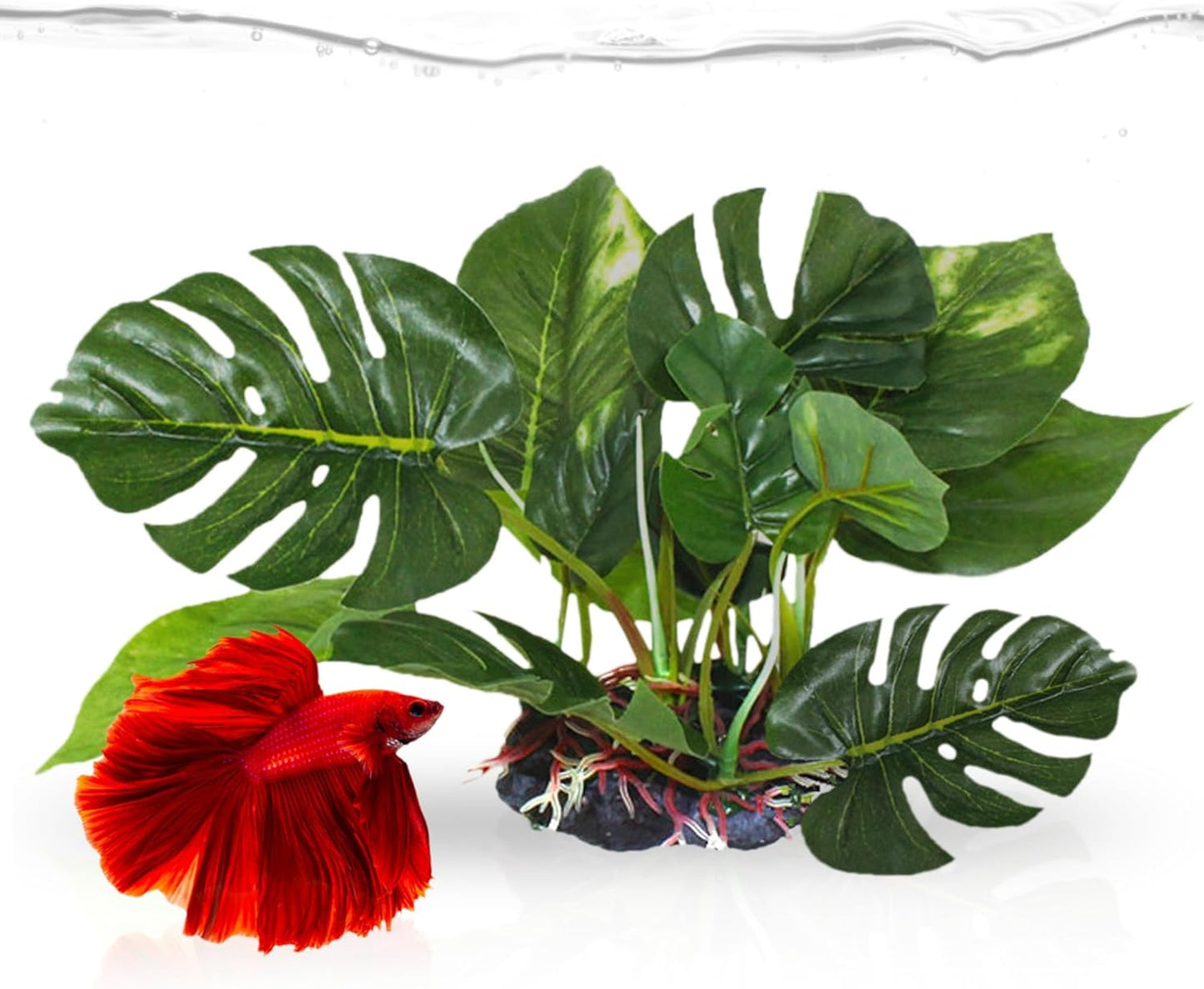 Plastic Leaf Plant, Heavy-Duty Ceramic Base, Hiding Spot for Fish, Betta, Angelfish, Gold Fish, Frog, Python, Reptiles, Amphibians (10 Inches, 1 Count)