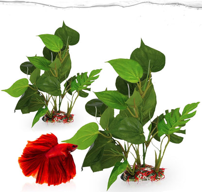Plastic Leaf Plant, Heavy-Duty Ceramic Base, Hiding Spot for Fish, Betta, Angelfish, Gold Fish, Frog, Python, Reptiles, Amphibians (10 Inches, 1 Count)