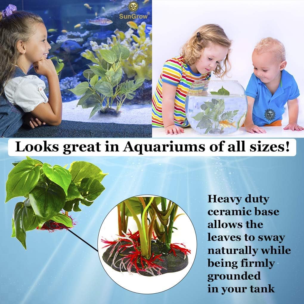 Plastic Leaf Plant, Heavy-Duty Ceramic Base, Hiding Spot for Fish, Betta, Angelfish, Gold Fish, Frog, Python, Reptiles, Amphibians (10 Inches, 1 Count)