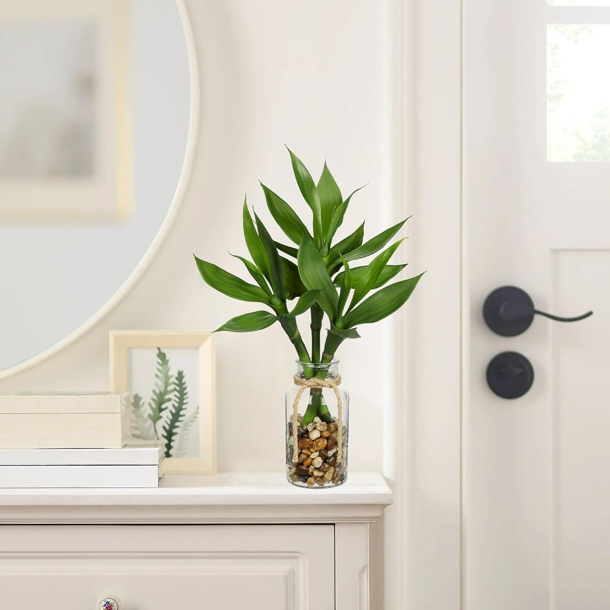 Artificial Lucky Bamboo Plant 17.3 Fake Plant in Rectangular Glass Pot for Centerpiece Table Decorations Farmhouse Wedding Home Greenery Decor