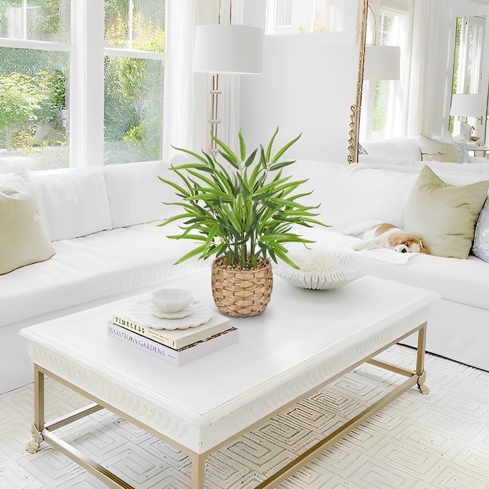 Artificial Lucky Bamboo Plant 17.3 Fake Plant in Rectangular Glass Pot for Centerpiece Table Decorations Farmhouse Wedding Home Greenery Decor