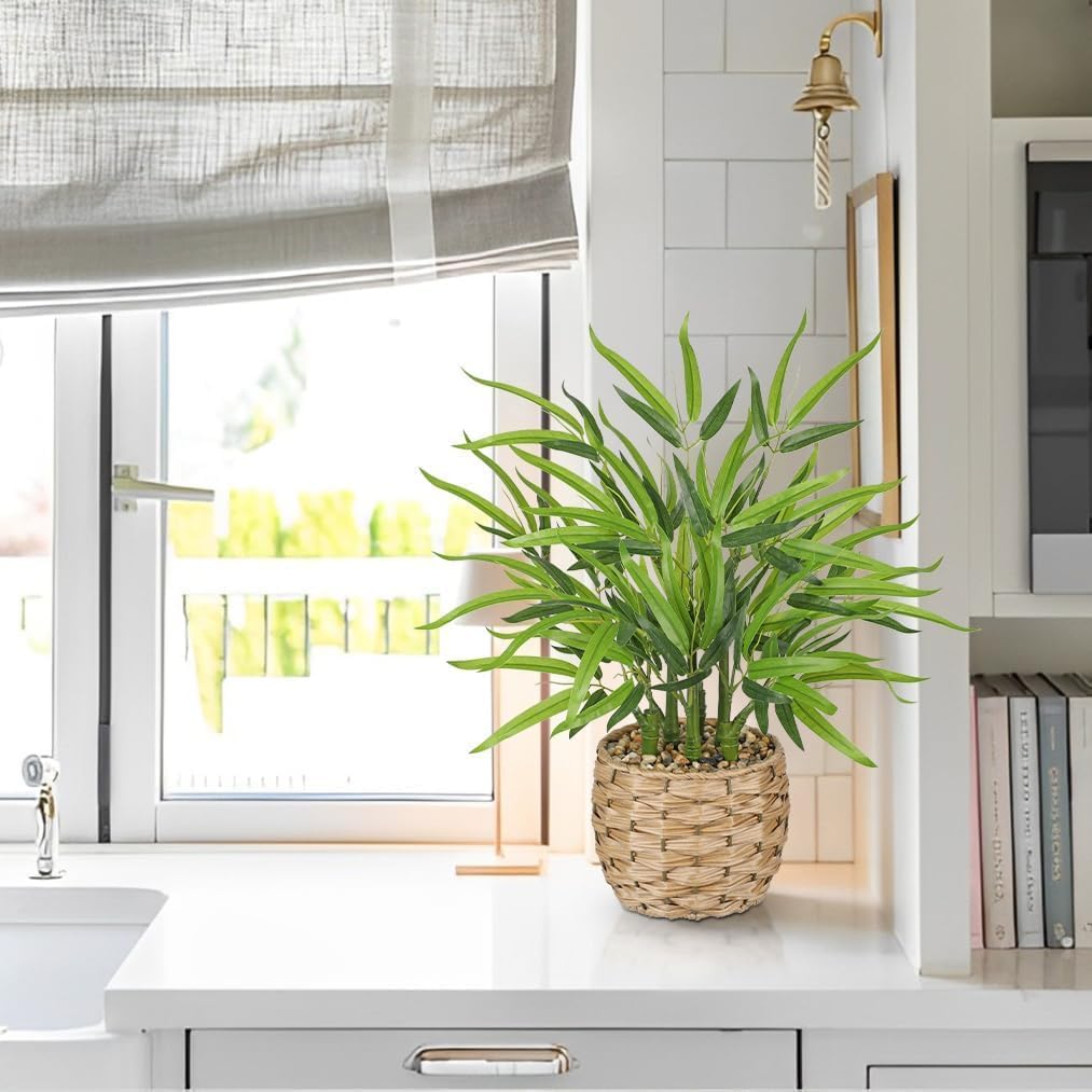Artificial Lucky Bamboo Plant 17.3 Fake Plant in Rectangular Glass Pot for Centerpiece Table Decorations Farmhouse Wedding Home Greenery Decor