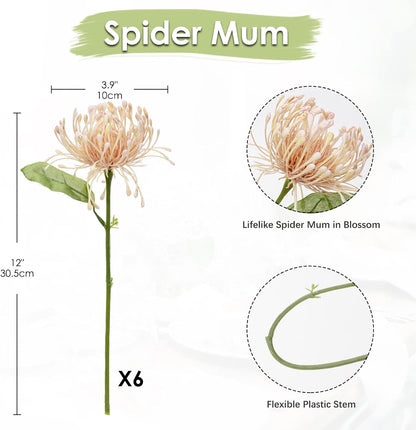 6PCS Chrysanthemum Artificial Flowers 4'' Fake Spider Mums Spring Flowers Large Faux Pincushion Flowers for Home Vase Table Centerpiece Wedding Bouquet (Pink)