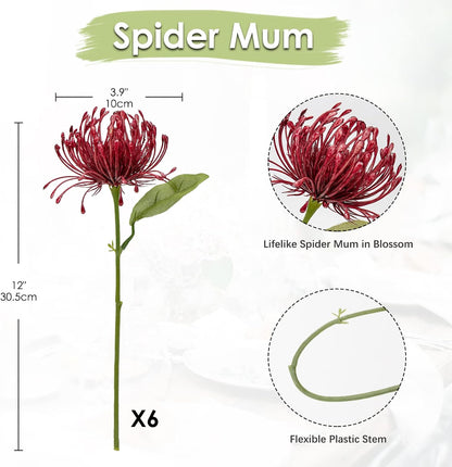 6PCS Chrysanthemum Artificial Flowers 4'' Fake Spider Mums Spring Flowers Large Faux Pincushion Flowers for Home Vase Table Centerpiece Wedding Bouquet (Pink)