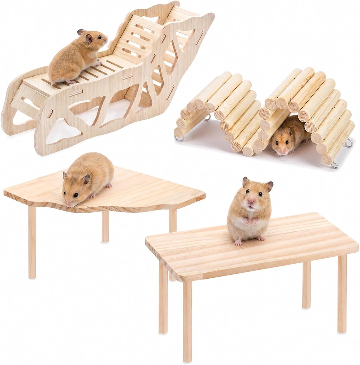 Hamster Platform, 4-Piece Set with Hamster Tunnel, Climbing Toys and Fence
