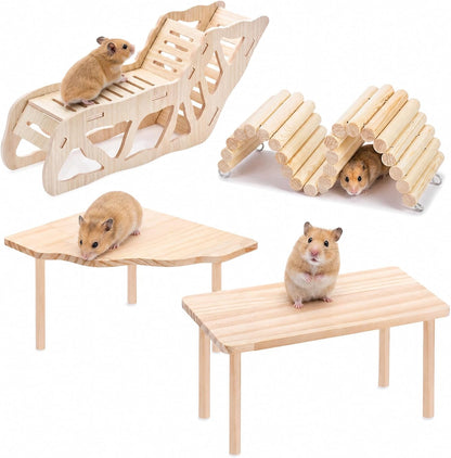Hamster Platform, 4-Piece Set with Hamster Tunnel, Climbing Toys and Fence