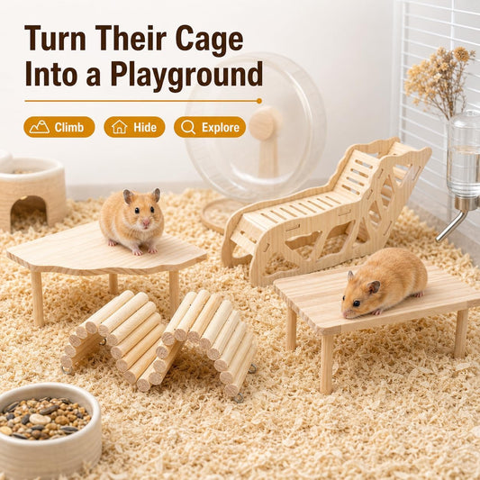 Hamster Platform, 4-Piece Set with Hamster Tunnel, Climbing Toys and Fence