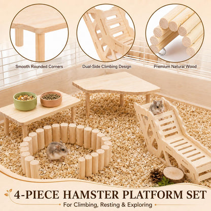 Hamster Platform, 4-Piece Set with Hamster Tunnel, Climbing Toys and Fence