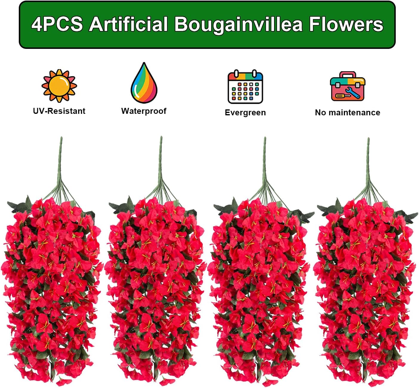 Artificial Bougainvillea Flowers Outdoor UV Resistant, 4 Pcs Fake Silk Trailing Vines Realistic Faux Hanging Plants for Porch Patio Garden (Fuchsia)