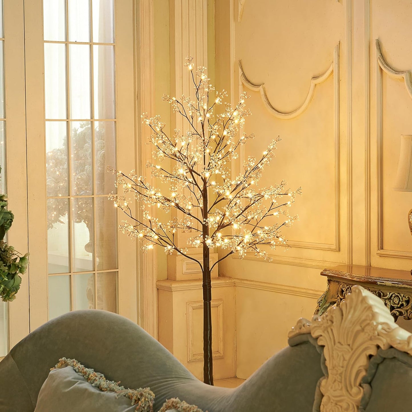 6FT Lighted Magnolia Tree 120L Artificial Plant, Faux Plant Tree with Warm White Lights for Spring Indoor Outdoor Home Party Wedding Decoration