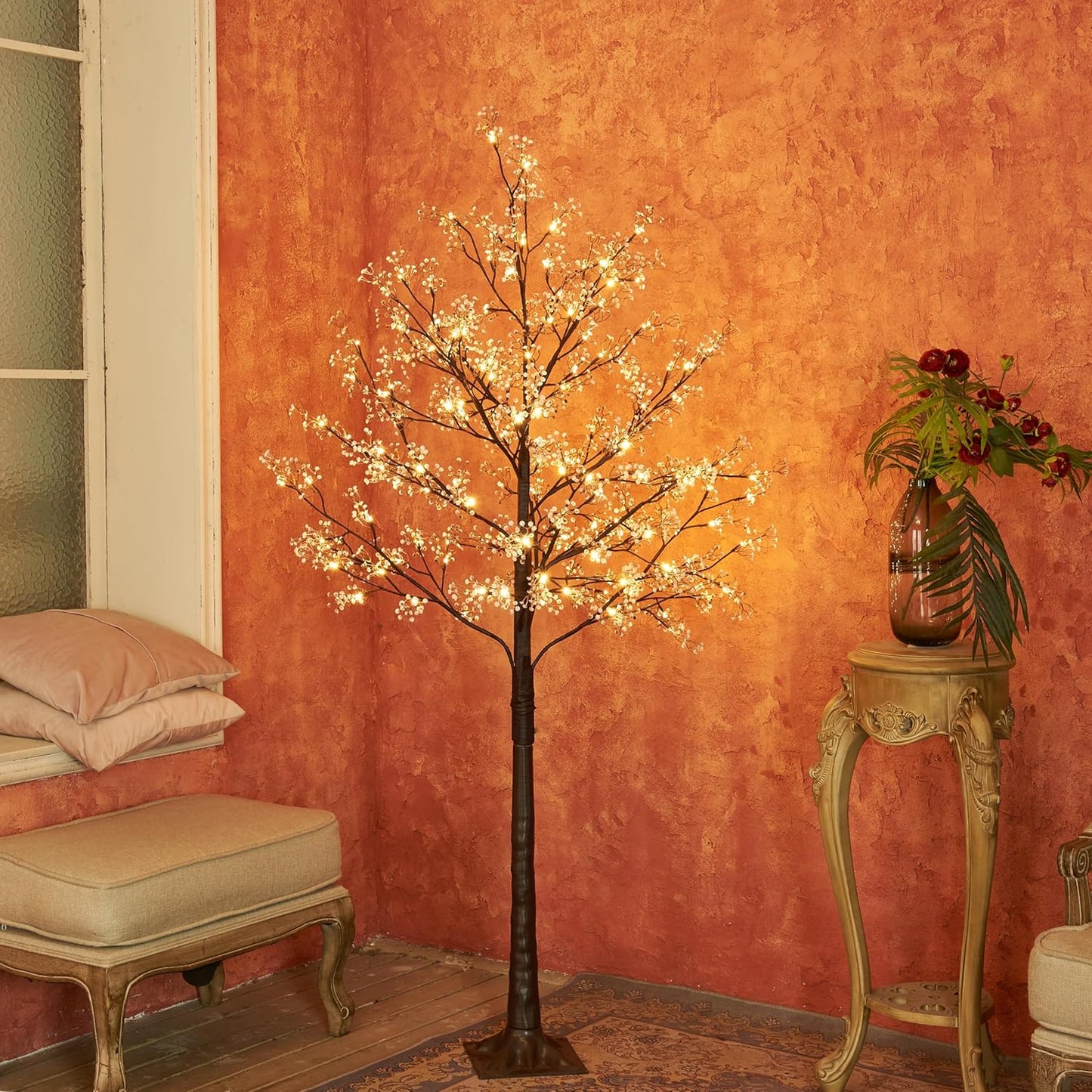 6FT Lighted Magnolia Tree 120L Artificial Plant, Faux Plant Tree with Warm White Lights for Spring Indoor Outdoor Home Party Wedding Decoration