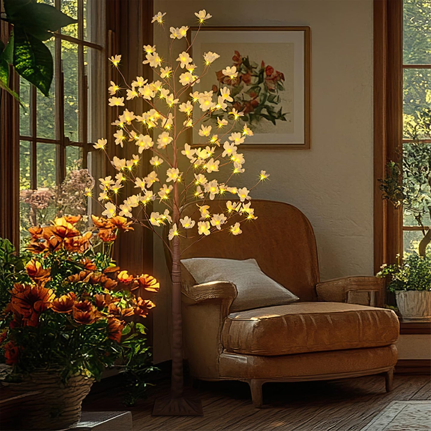 6FT Lighted Magnolia Tree 120L Artificial Plant, Faux Plant Tree with Warm White Lights for Spring Indoor Outdoor Home Party Wedding Decoration