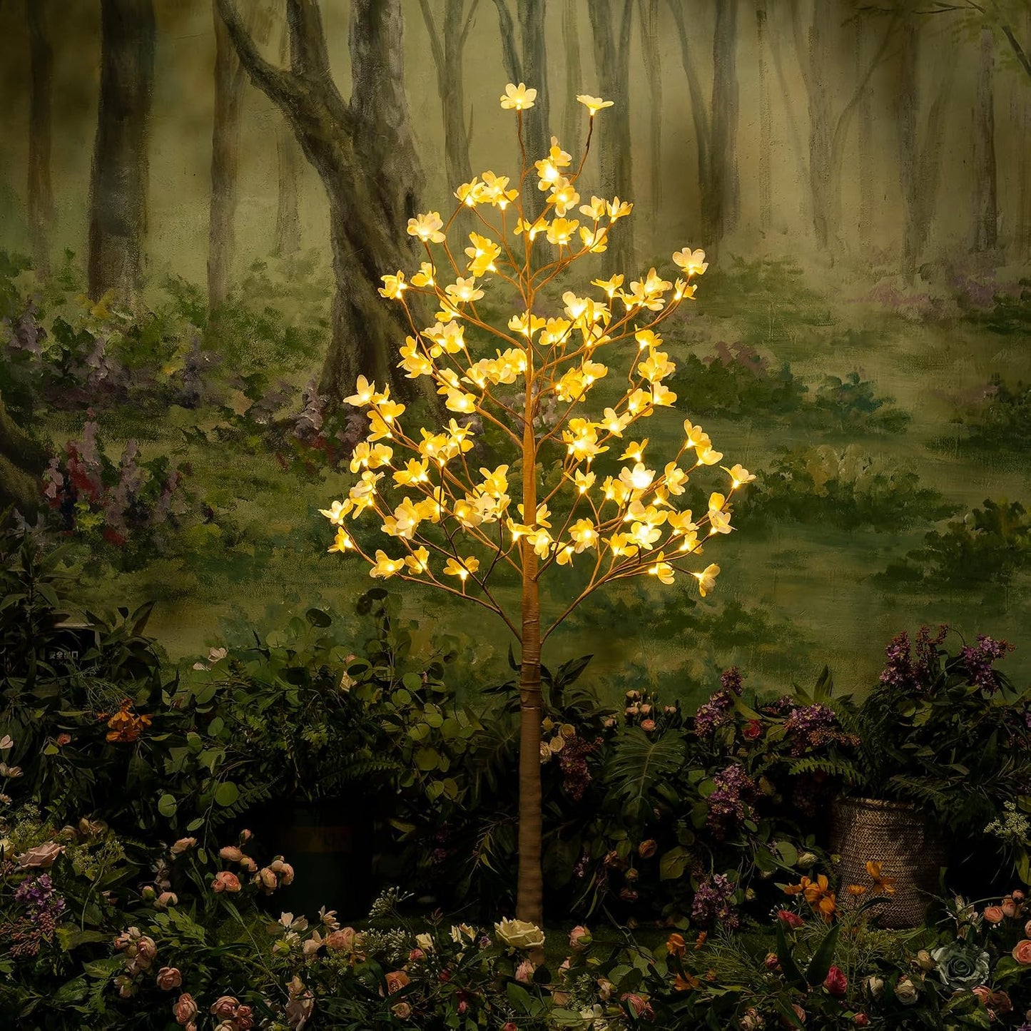 6FT Lighted Magnolia Tree 120L Artificial Plant, Faux Plant Tree with Warm White Lights for Spring Indoor Outdoor Home Party Wedding Decoration