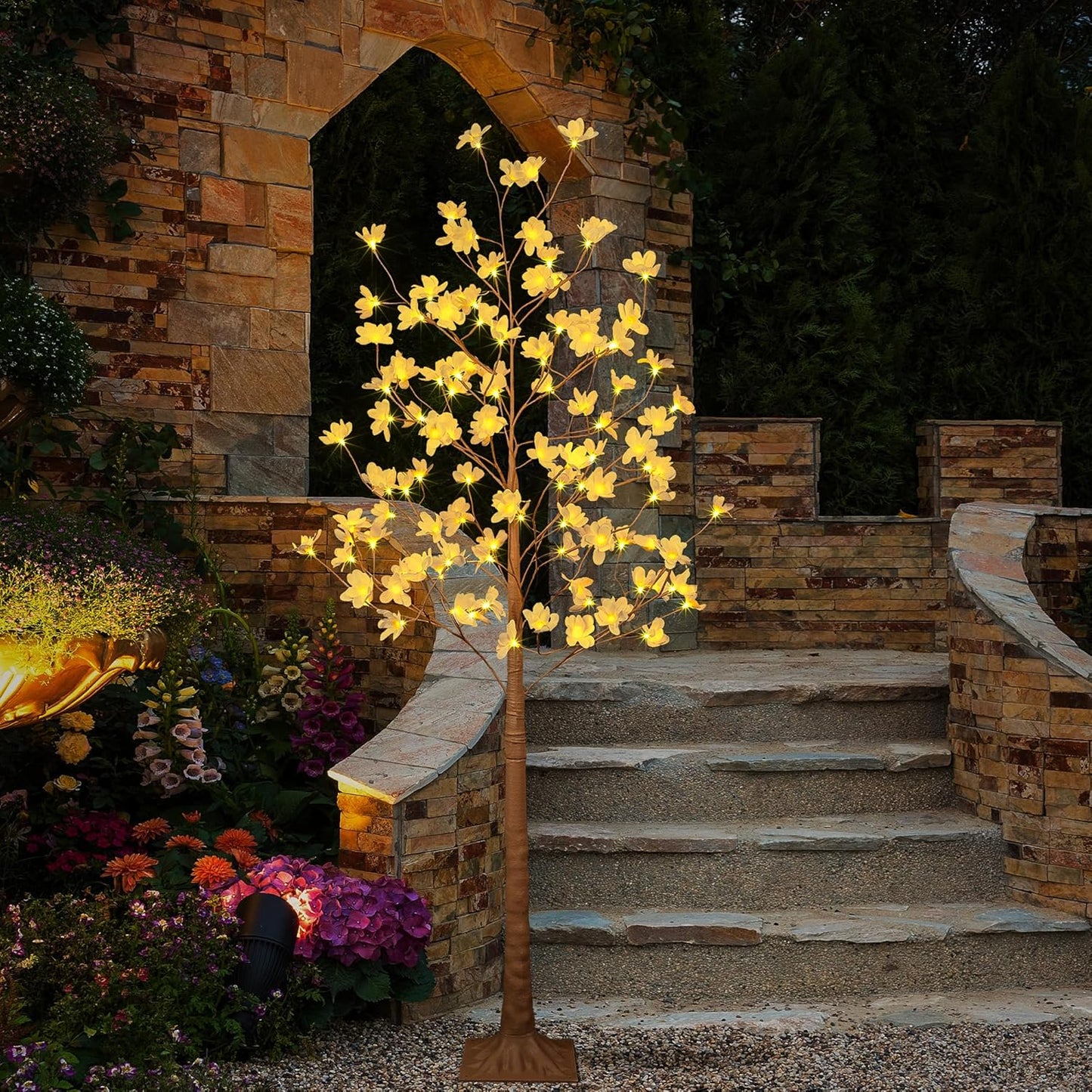 6FT Lighted Magnolia Tree 120L Artificial Plant, Faux Plant Tree with Warm White Lights for Spring Indoor Outdoor Home Party Wedding Decoration