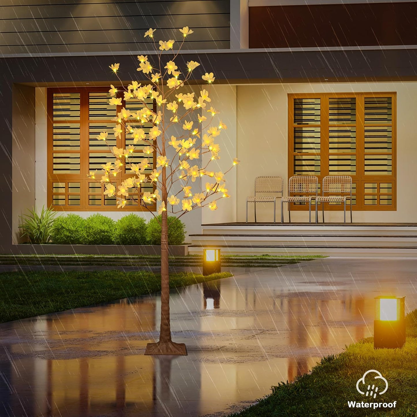 6FT Lighted Magnolia Tree 120L Artificial Plant, Faux Plant Tree with Warm White Lights for Spring Indoor Outdoor Home Party Wedding Decoration