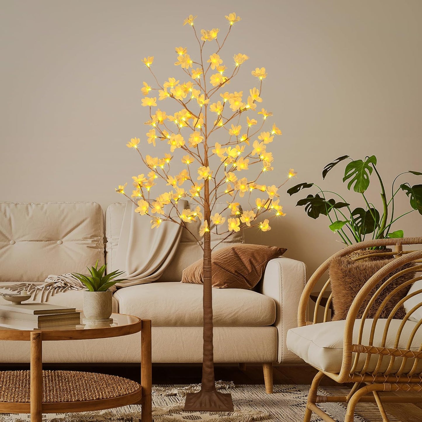 6FT Lighted Magnolia Tree 120L Artificial Plant, Faux Plant Tree with Warm White Lights for Spring Indoor Outdoor Home Party Wedding Decoration