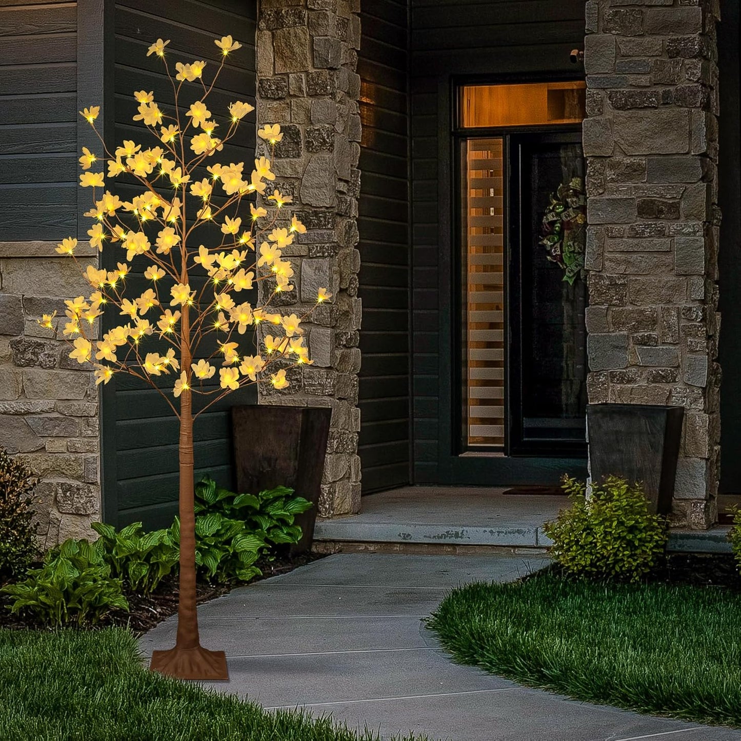 6FT Lighted Magnolia Tree 120L Artificial Plant, Faux Plant Tree with Warm White Lights for Spring Indoor Outdoor Home Party Wedding Decoration