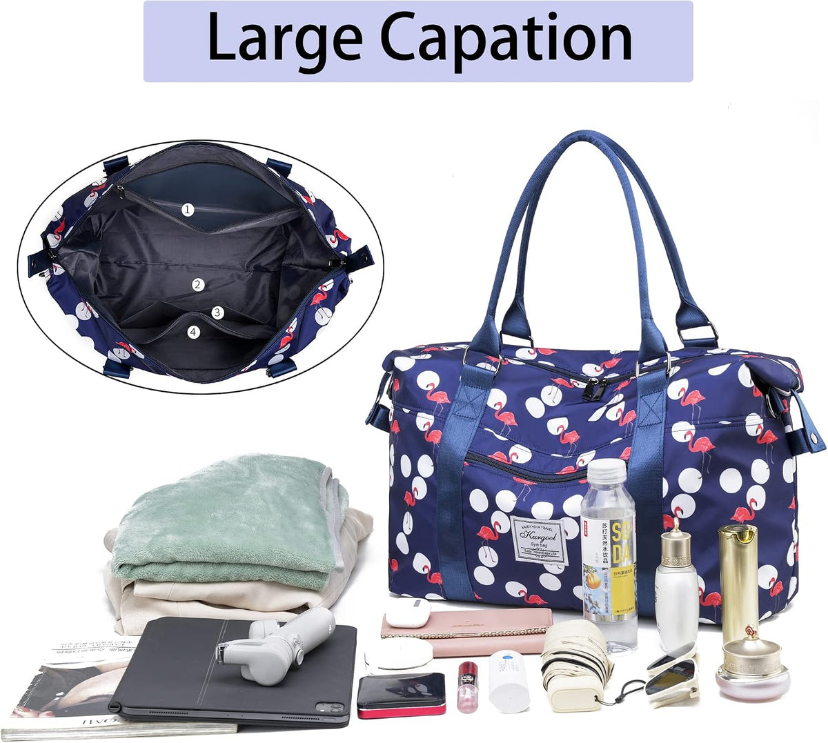 Gym Bag with Wet Pocket, Foldable Travel Duffle Bag Carry On Weekender Bags for Women, Waterproof Overnight Bag for Travel, Gym, Yoga
