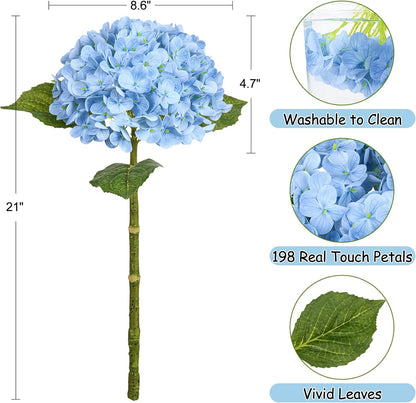 4 Pcs 21" Blue Hydrangea Artificial Flowers for Decorations | Realistic, lates real touch faux hydrangeas, for wedding bouquet party table centerpieces arrangements home decorations