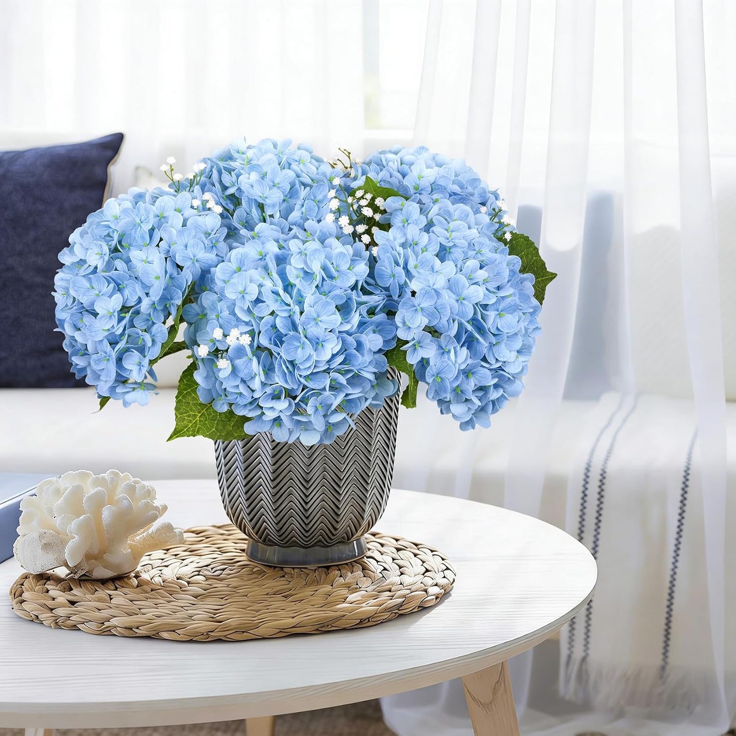 4 Pcs 21" Blue Hydrangea Artificial Flowers for Decorations | Realistic, lates real touch faux hydrangeas, for wedding bouquet party table centerpieces arrangements home decorations