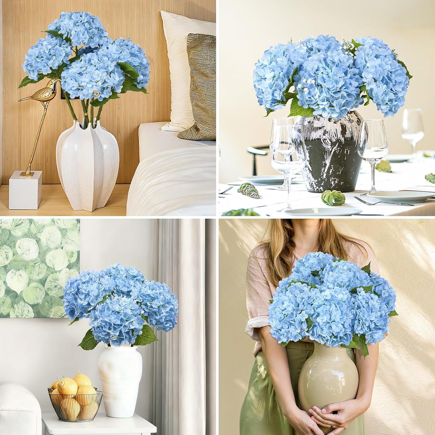 4 Pcs 21" Blue Hydrangea Artificial Flowers for Decorations | Realistic, lates real touch faux hydrangeas, for wedding bouquet party table centerpieces arrangements home decorations