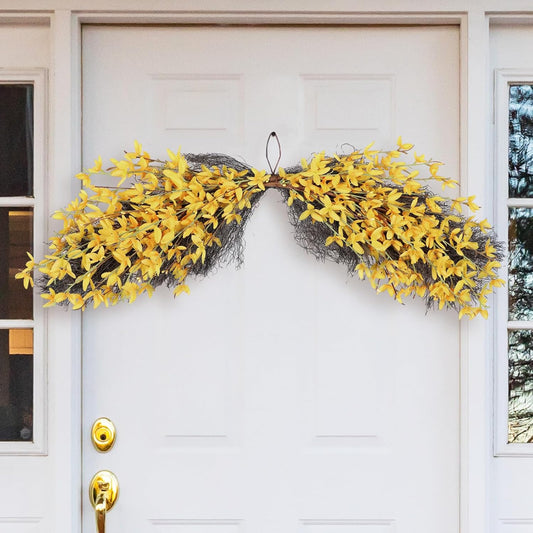 34'' Spring Forsythia Wreath for Front Door Artificial Yellow Forsythia Flower Garland Silk Spring Yellow Flowers Swag for Indoor Outdoor Wall Window Mantel Hanging Farmhouse Home Decoration