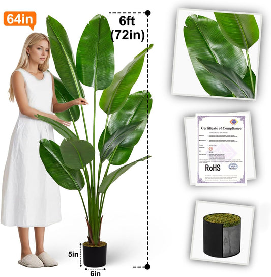 6ft Artificial Fiddle Leaf Fig Tree for Home Decor, 6 Feet Large Faux Plant Fake Ficus lyrata Silk Trees with Pot for Indoor Outdoor House Living Room Office (6 ft Tall)