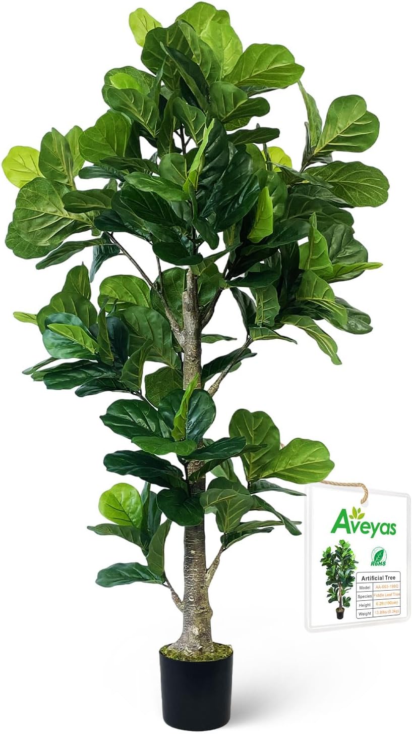 6ft Artificial Fiddle Leaf Fig Tree for Home Decor, 6 Feet Large Faux Plant Fake Ficus lyrata Silk Trees with Pot for Indoor Outdoor House Living Room Office (6 ft Tall)